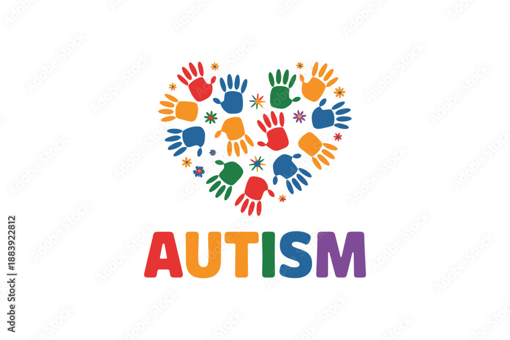 Obraz premium Colorful handprints forming a heart shape with the word autism below it