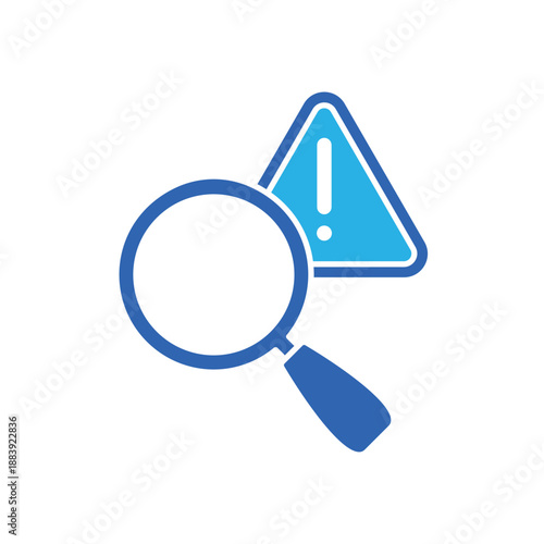 Icon a fault detection magnifying glass and warning alert, isolated against a clean background.