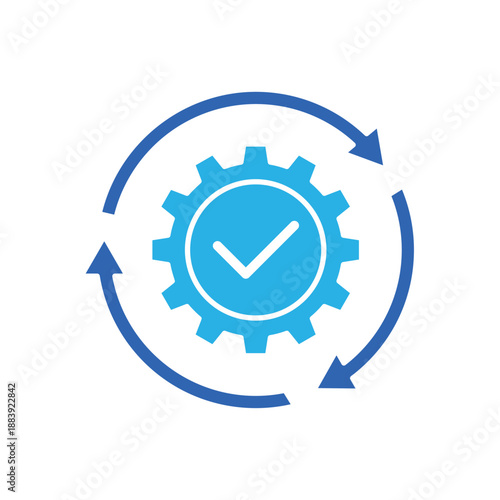 Icon a lifecycle management cycle with gear and checkmark, isolated against a clean background.