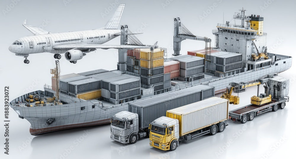 Fototapeta premium Composite image of global transport airplane, cargo ship, trucks, and various shipping containers