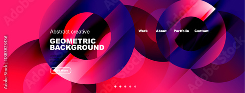 Abstract geometric background. Vivid colors, flowing shapes, modern design. Navigation menu present, text overlay visible. Dynamic composition.