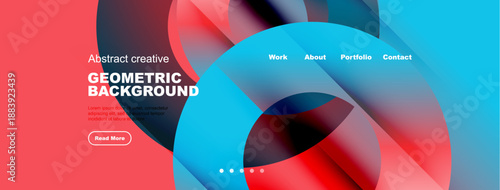 Abstract geometric design. Vibrant colors blend, creating modern website header. Text overlays promote content access.