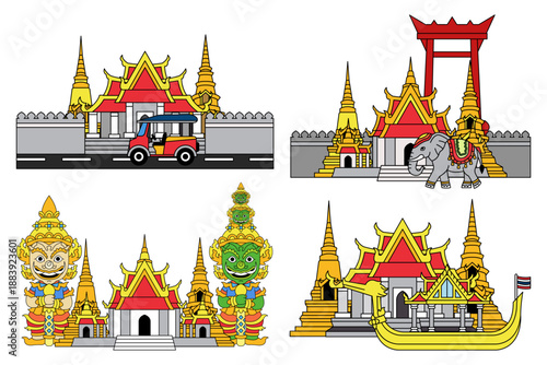Illustrations of icon items about Thailand temple