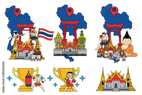 Illustrations of a set of icon items related to Thailand
