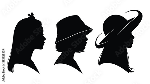 Silhouettes of women with hats isolated on white background, Vector