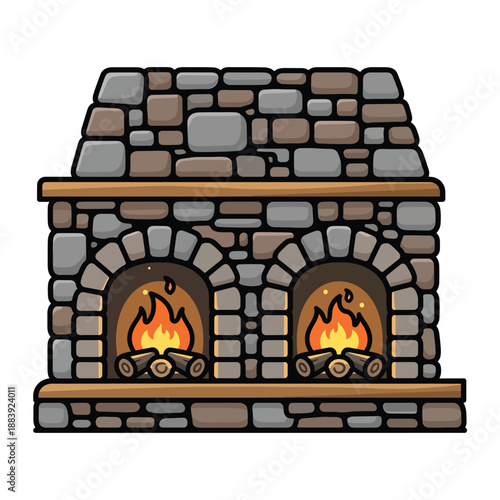 A stone structure with two lit fireplaces