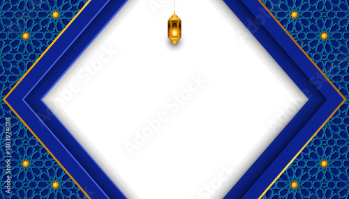 Ramadan Kareem Islamic background white banner. Eid Mubarak luxury template design with blue border