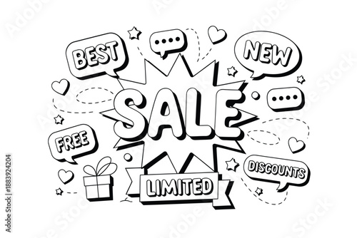 Black and white sketch of sale banners stars hearts and gift box