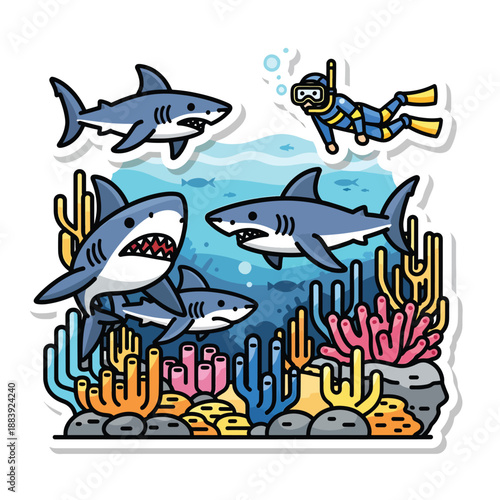 Cartoonish oceanic scene with sharks and diver