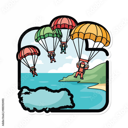 Parachutists landing near coastline