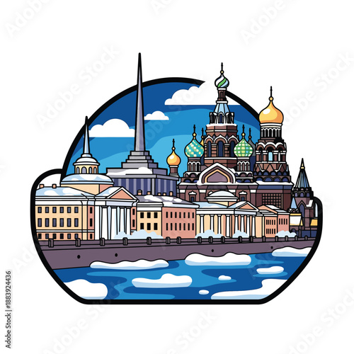 Stylized cityscape with colorful buildings