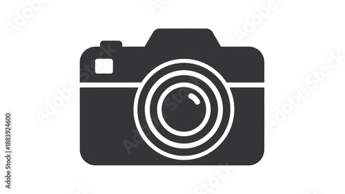 Minimalist flat black camera icon symbolizing photography, digital media, and image capturing technology, ideal for modern graphic design and user interface applications