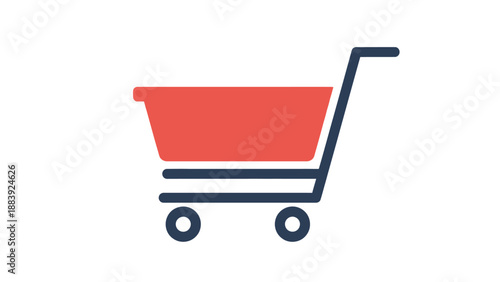 Modern flat design illustration of a red and dark blue shopping cart icon, symbolizing online retail, e-commerce, and convenient consumer purchases for digital platforms and web applications