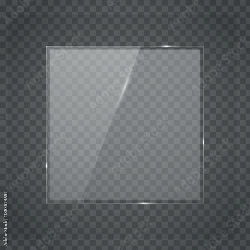  Transparent Glass Square with Reflections on Checkered Background flat design vector illustration Transparent Glass Square with Reflective Surface on Dark Grid Background