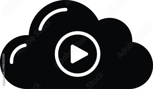 Black cloud icon with white play button, video symbol, cloud computing, media streaming