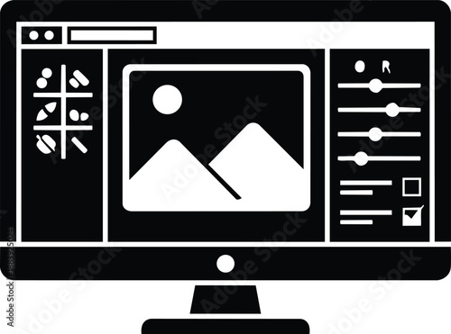 Vector graphic of computer monitor displaying photo editing software interface with mountain image