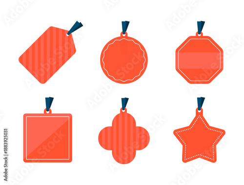 コーラルレッド（朱色に近い赤）をベースカラーとし、ミッドナイトブルー（濃紺）のリボン紐が付いた、6種類のギフトタグセット｜斜めストライプ入り長方形・波線縁取り円形・帯付き八角形・二重線正方形・縦縞クローバー・ステッチ入り星型の6種デザイン