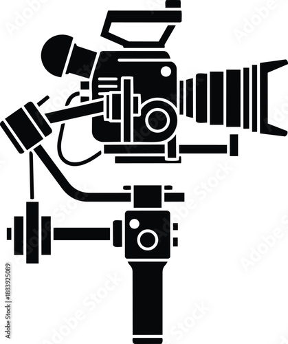 Professional video camera on tripod, black and white vector icon, filmmaking equipment
