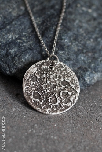 Textured Silver Lunar Surface Pendant Necklace on Stone. Celestial Jewelry Art, Artistic Gift.