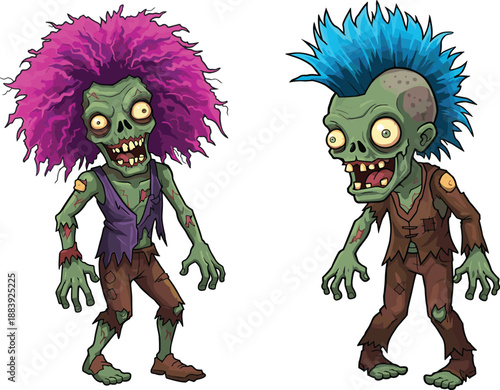 Cartoon zombie characters, funny undead illustration, spooky Halloween artwork, green monster design, creepy horror drawing, colorful hairstyle zombies, scary cartoon