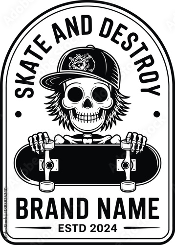 Skull wearing hat holding skateboard with brand name and establishment year