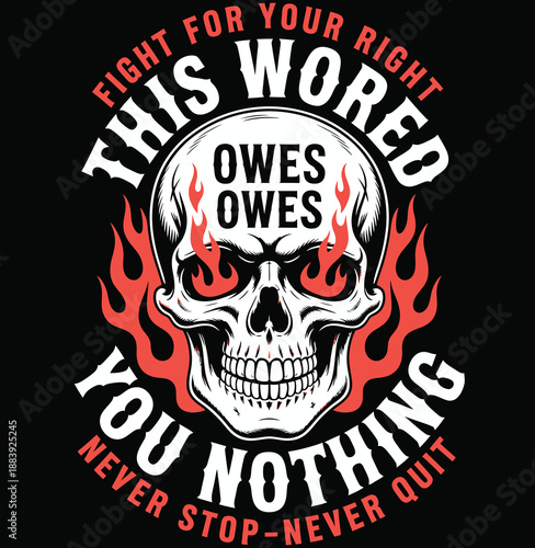 Skull with flames and motivational text on black background 2