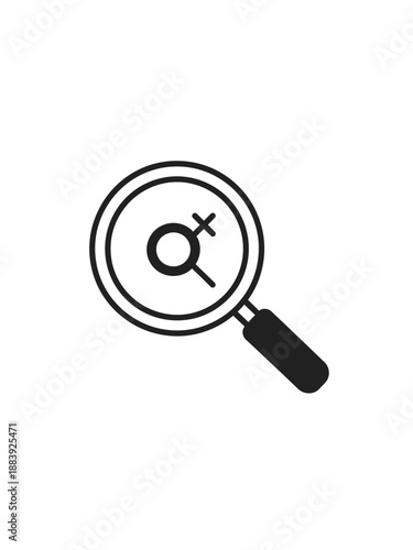 Magnifying glass over female symbol, signifying research and analysis related to women or gender studies, representing discovery and examination of feminine topics