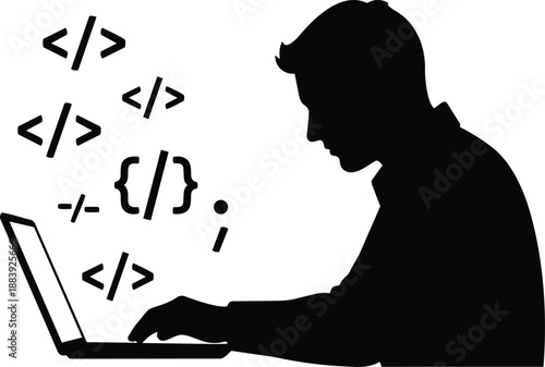 Silhouette of a man coding on laptop with HTML code symbols floating around, representing programming and software development.