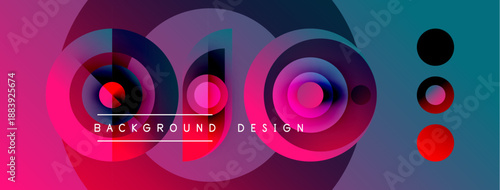 Abstract vibrant design features overlapping circles, gradients. Pink, purple, blue hues create dynamic visual effect. Text reads background design.