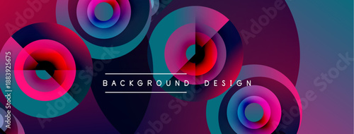 Abstract vibrant circles overlap, creating dynamic colorful background. Modern design features gradients, shapes, text.
