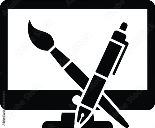Vector graphic design tools on computer screen, paintbrush and pen icons