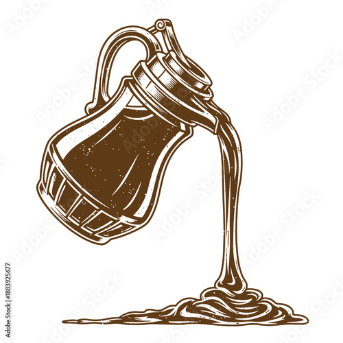 Drawing Vintage grunge  texture Brown syrup pouring from jug with handle on white background  liquid flowing out
