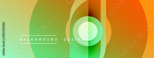 Abstract colorful circles overlap creating dynamic visual effect. Gradient shades blend green, orange, yellow hues. Modern design element.