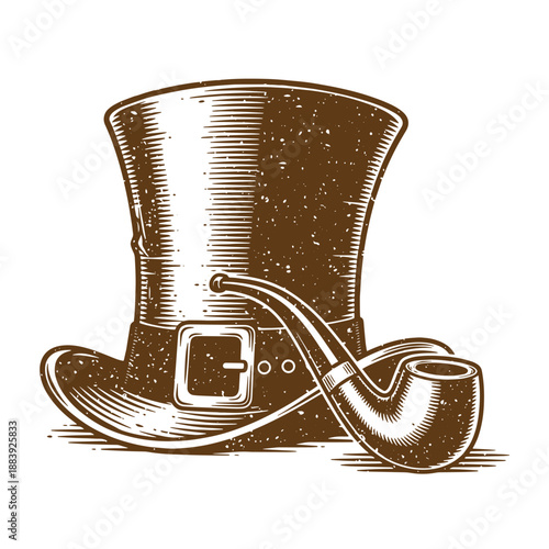 Drawing Vintage grunge  texture Brown top hat with buckle and smoking pipe on white background  classic fashion accessory