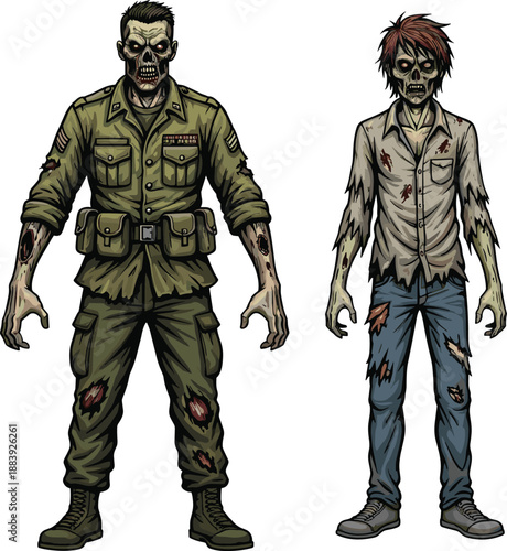 Cartoon zombie characters, military and civilian undead, horror illustration, spooky duo, Halloween monsters, creepy design, scary artwork, decayed figures, stock image