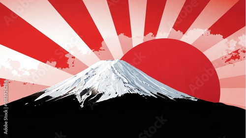 Mount Fuji with Rising Sun and Red Rays.