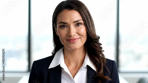 Portrait of a confident young businesswoman smiling at the camera. Professional female executive in a modern office. Business leadership and success concept