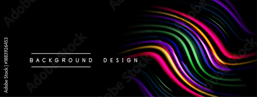 Abstract colorful lines over black background. Modern design element, vibrant waves create dynamic visual impact. Simple text labels bottom center.