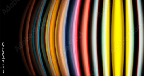 Abstract colorful stripes form curved pattern. Bright hues contrast dark background creating dynamic visual effect.