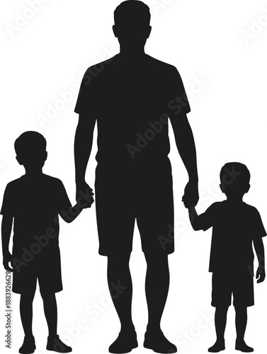 Father holding hands with two young sons silhouette vector child family