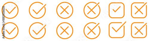 Checkmark cross symbols. Checkbox false wrong icons set. Vote checkmark, cross icons, symbols set. Vector icons stock illustration
