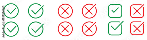Checkmark cross symbols. Checkbox false wrong icons set. Vote checkmark, cross icons, symbols set. Vector icons stock illustration