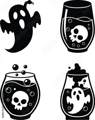 Scary halloween poison drink icons set with creeping ghosts and skulls in glass cups vector illustration.