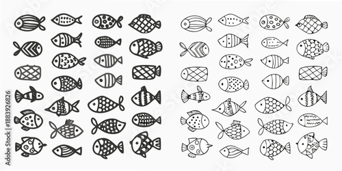 A collection of diverse black and white fish illustrations arranged in a grid pattern