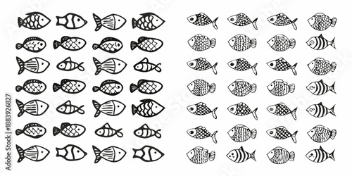 A collection of monochrome fish illustrations arranged in a grid pattern