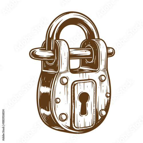Drawing Vintage grunge  texture Brown vintage padlock with keyhole and shackle on white background  security and protection symbol