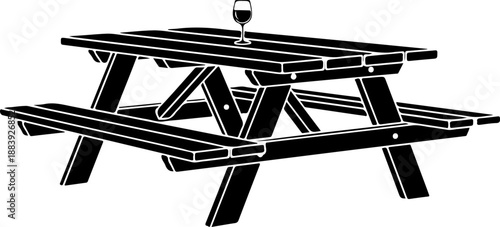 Picnic table attached benches with wine glass Vector Art