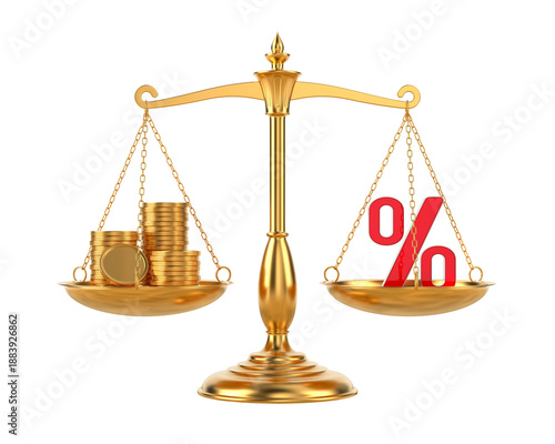 Percent and money on scale. Isolated 3D illustration on white background
