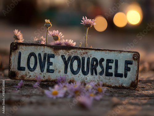 Rustic Metal Sign with Hand-Painted Love Yourself Script, Dried Lavender and Daisies, Bokeh Lights
