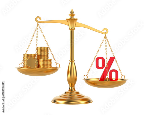 Percent and money on scale. Isolated 3D illustration on white background